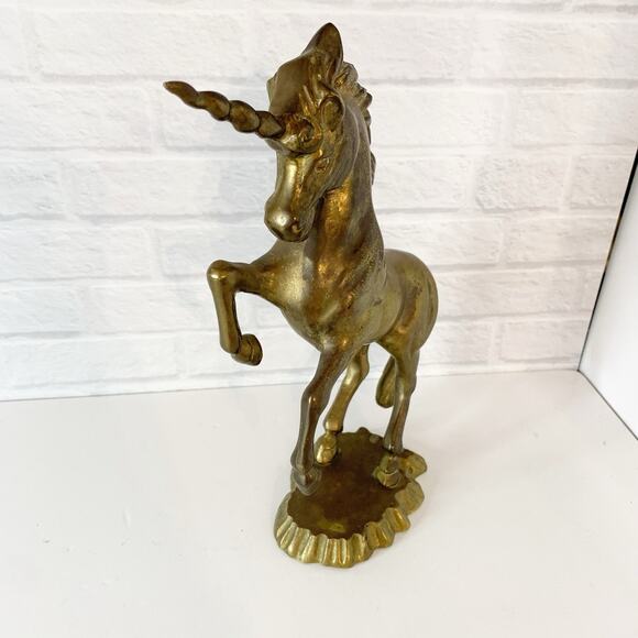 Vintage Solid Brass Unicorn Figurine Statue Collector Rearing Mystical Mythical - Picture 2 of 8